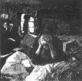 Die Malerin Kthe Kollwitz hatte einen Grafikzyklus zu Hauptmanns Theaterstck geschaffen (Ein Weberaufstand, 1893-97). Er zeigt die Not leidenden Handwerker und wie sie sich zusammenrotten und gegen ihre Herren ziehen.